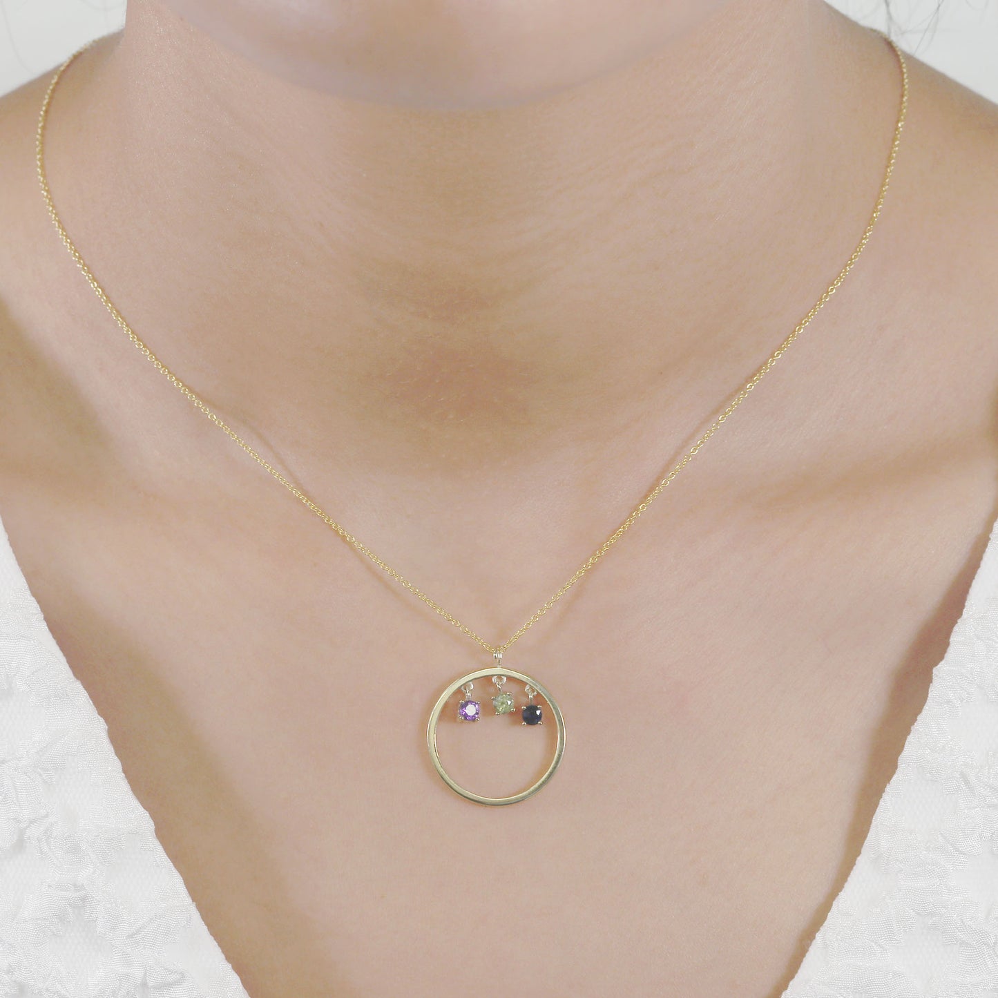 14K TRIPLE BIRTHSTONE CIRCLE NECKLACE (CHOOSE YOUR STONE)