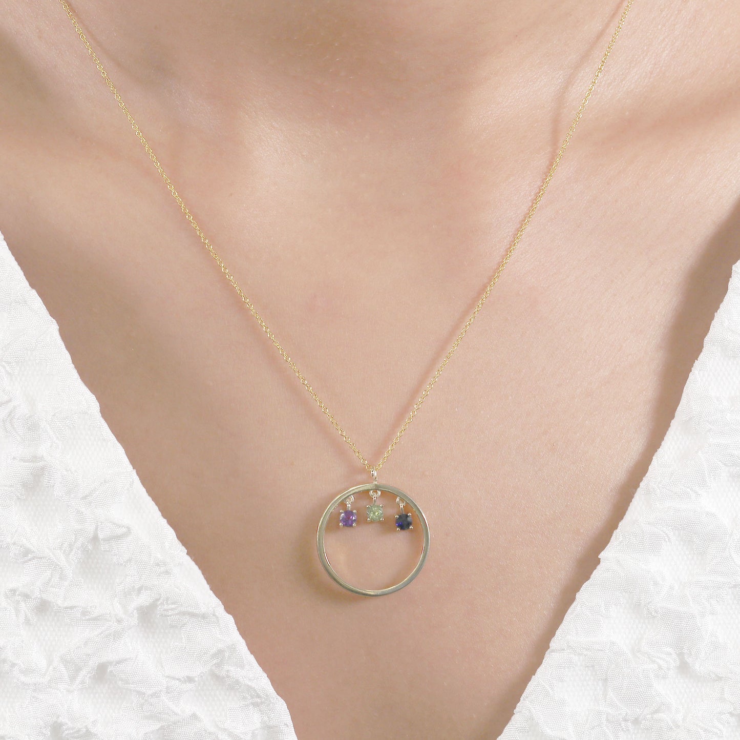 14K TRIPLE BIRTHSTONE CIRCLE NECKLACE (CHOOSE YOUR STONE)