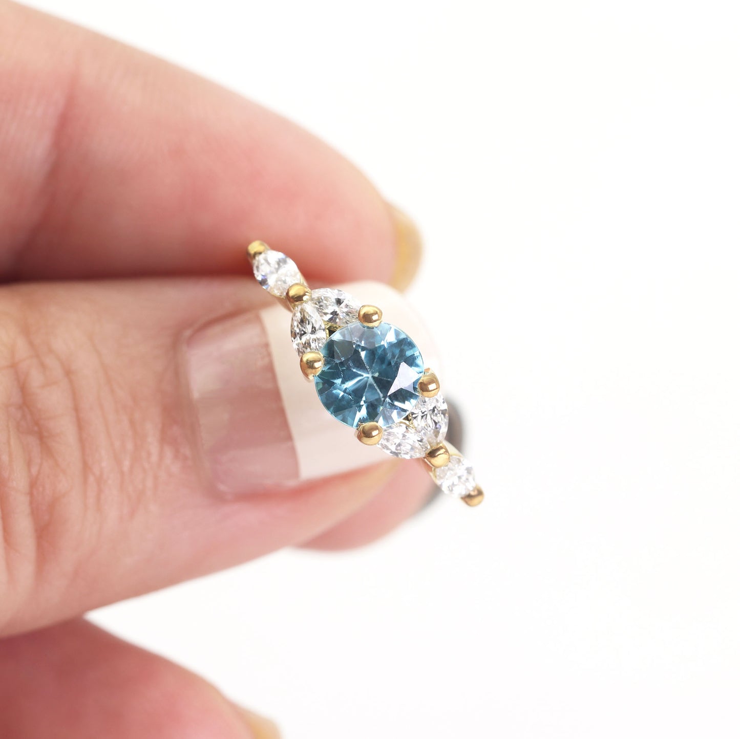 14K BLUE ZIRCON MARQUISE DIAMOND RING