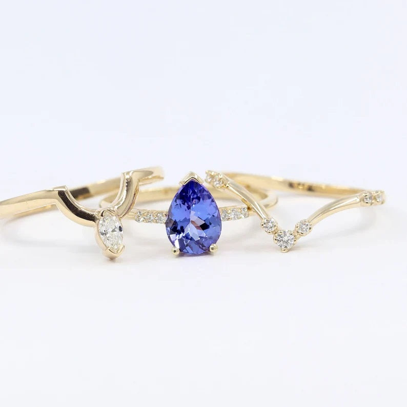 14K PEAR TANZANITE RING MARQUISE DIAMOND CROWN U BAND 3 RING SET