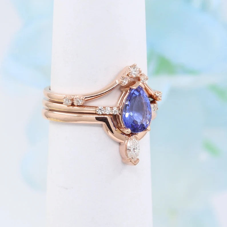 14K PEAR TANZANITE RING MARQUISE DIAMOND CROWN U BAND 3 RING SET