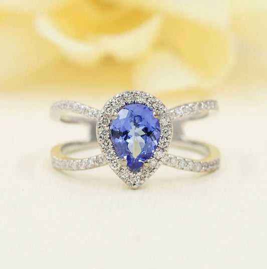 14K PEAR TANZANITE DIAMOND HALO DOUBLE BAND RING