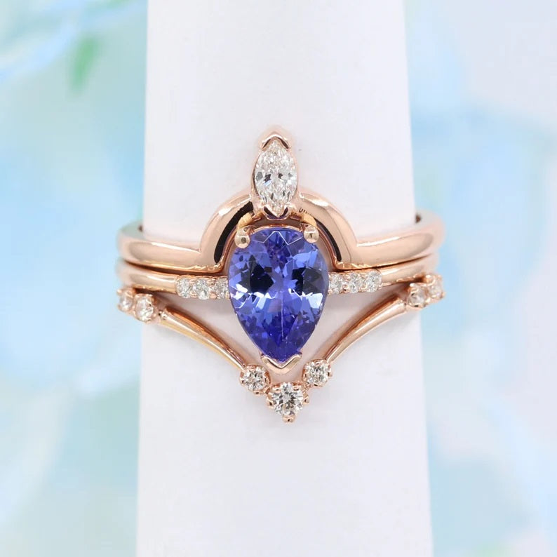 14K PEAR TANZANITE RING MARQUISE DIAMOND CROWN U BAND 3 RING SET