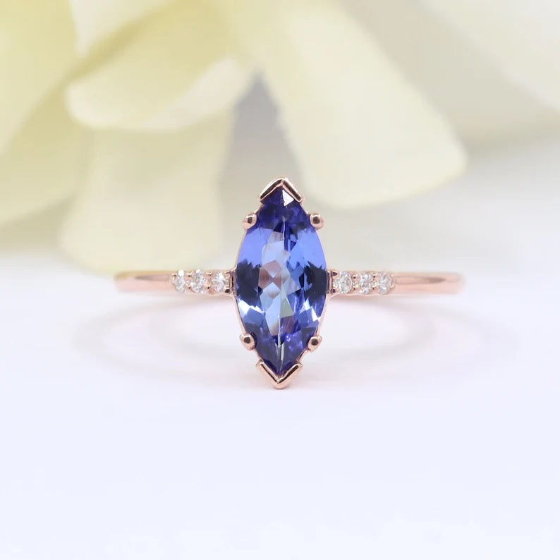 14K PEAR TANZANITE RING MARQUISE DIAMOND CROWN U BAND 3 RING SET