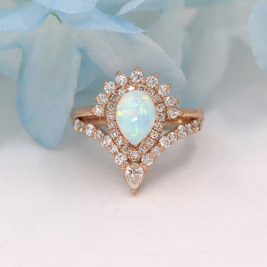 14K PEAR OPAL DIAMOND HALO CROWN CHEVRON RING