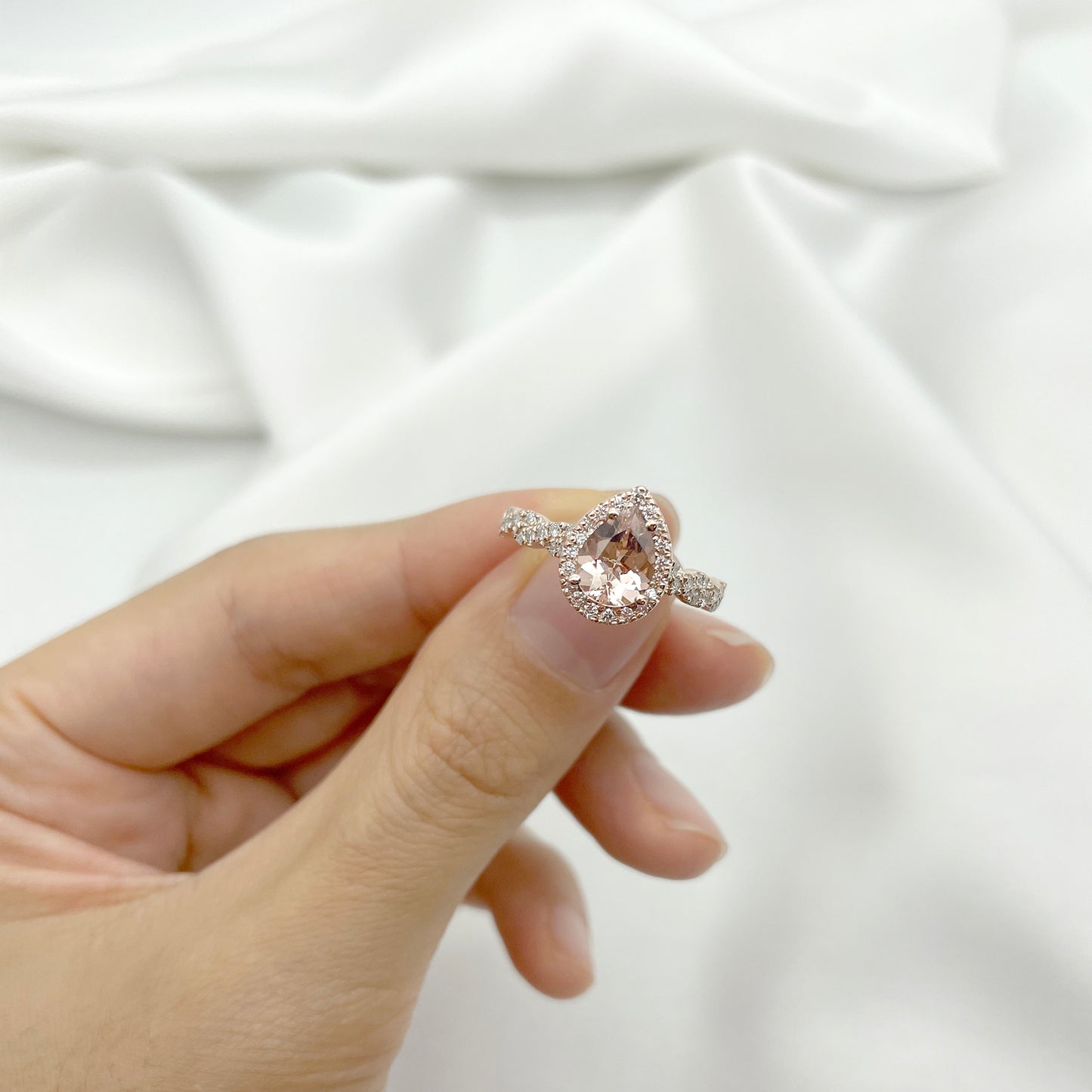 14K PEAR MORGANITE DIAMOND HALO TWIST RING