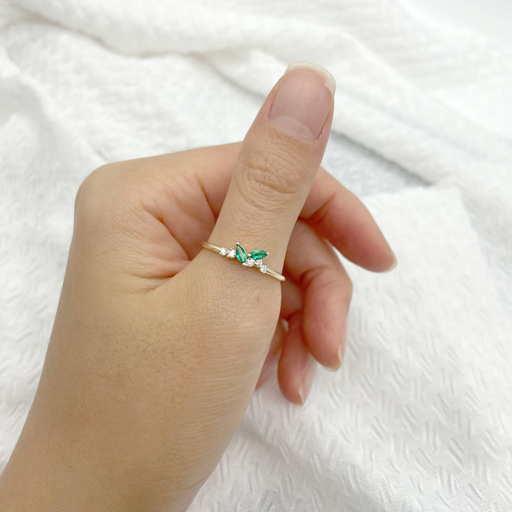 14K 2 MARQUISE EMERALD DIAMOND CLUSTER BAND