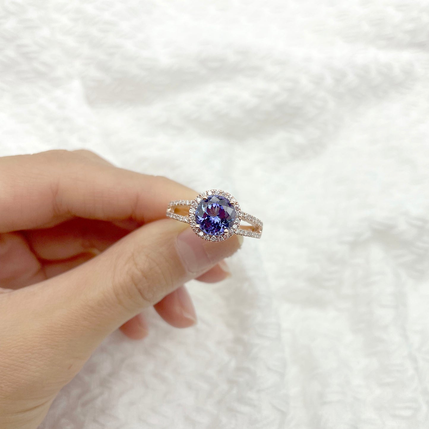 14K TANZANITE DIAMOND HALO DOUBLE BAND RING