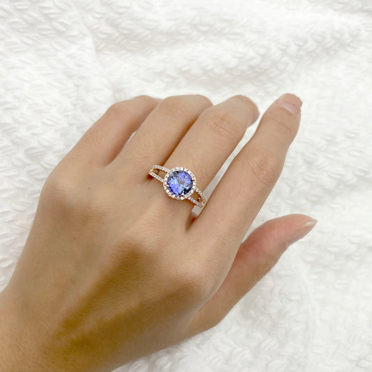 14K TANZANITE DIAMOND HALO DOUBLE BAND RING