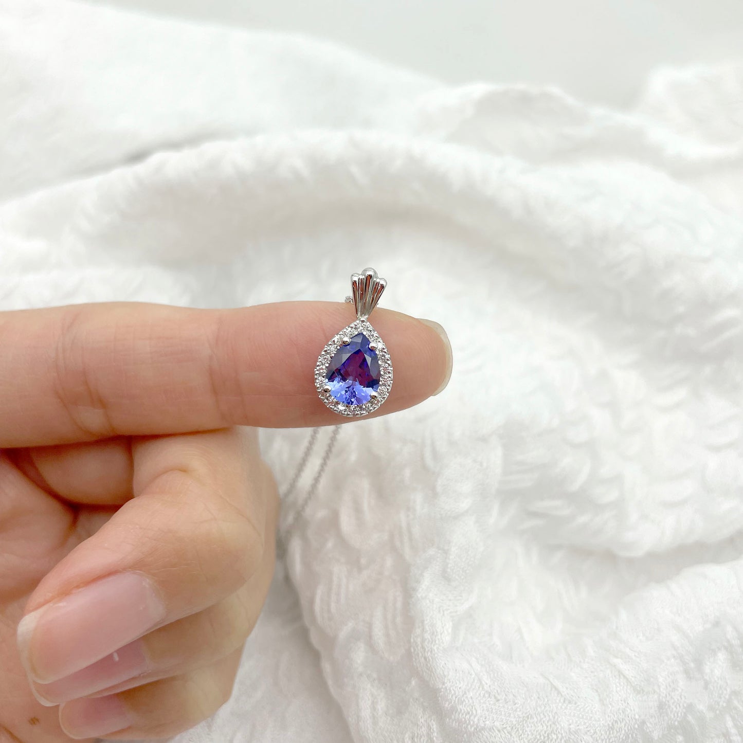 14K PEAR TANZANITE DIAMOND HALO NECKLACE