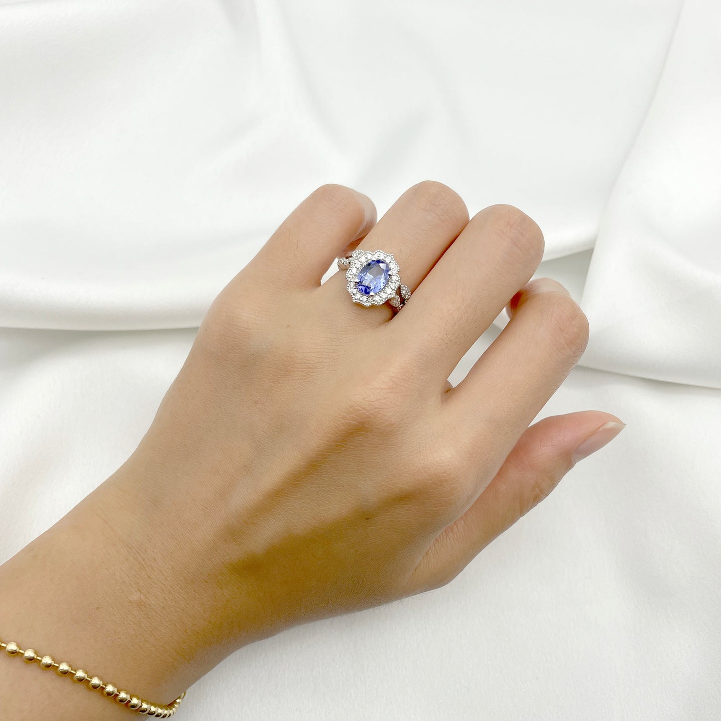 14K TANZANITE DIAMOND FLORAL ENGAGEMENT RING