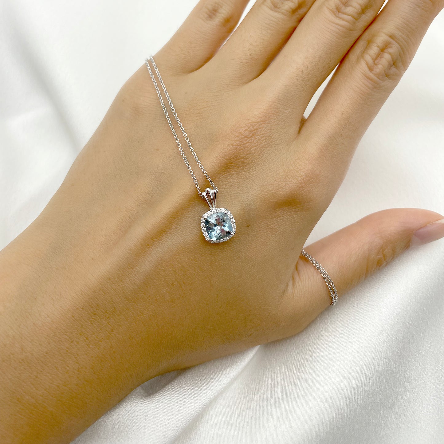 14K CUSHION SQUARE AQUAMARINE DIAMOND HALO NECKLACE