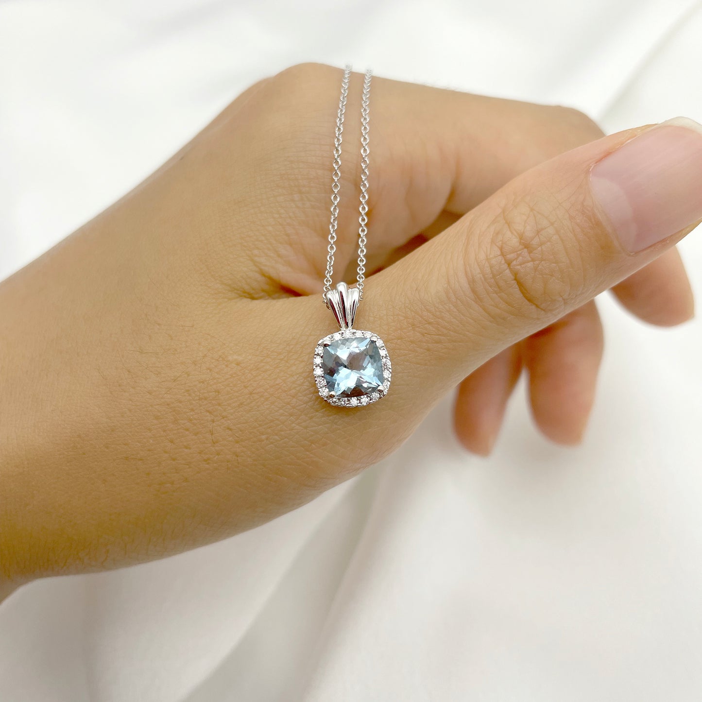 14K CUSHION SQUARE AQUAMARINE DIAMOND HALO NECKLACE