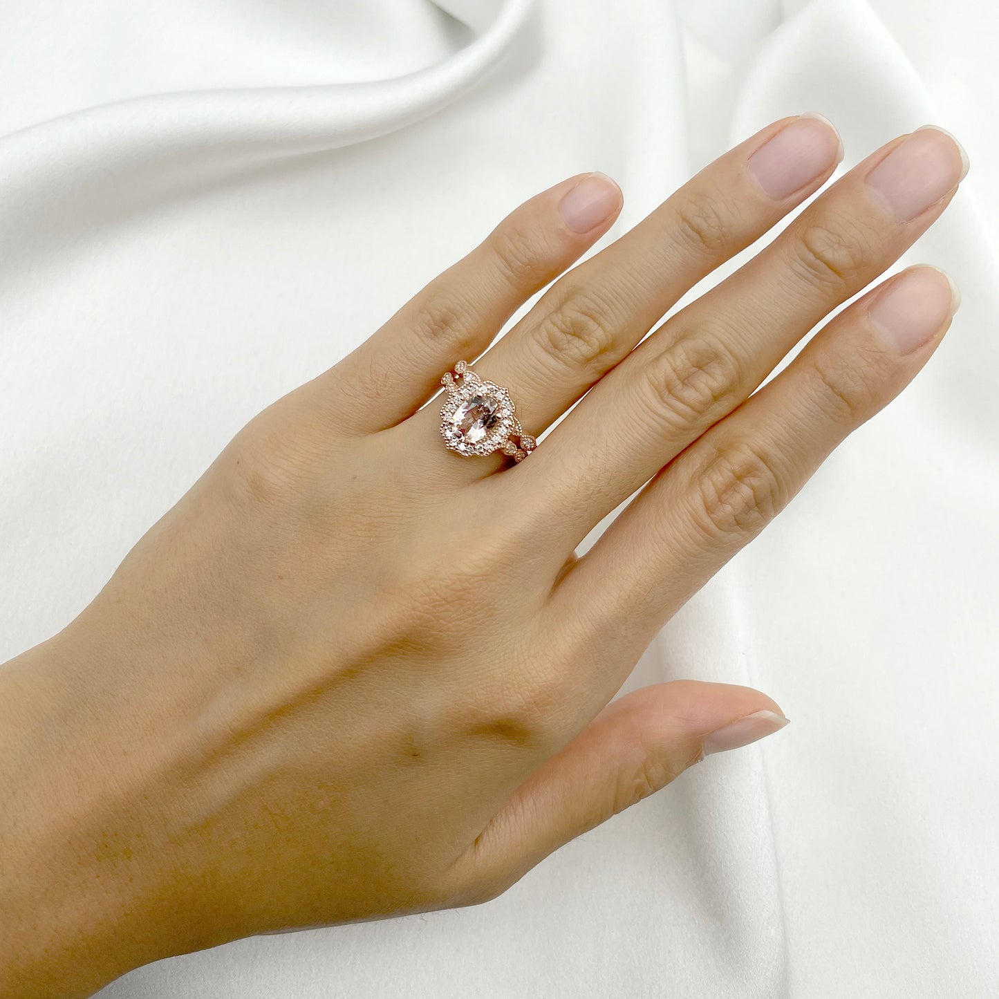 14K MORGANITE DIAMOND FLORAL ENGAGEMENT RING