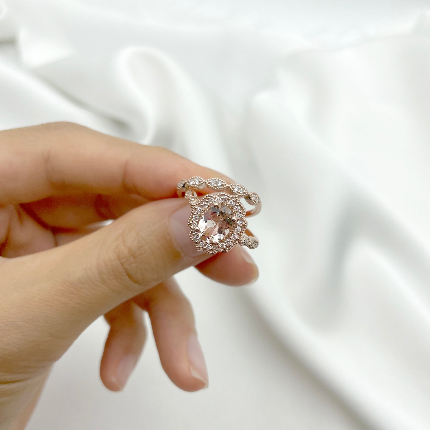 14K MORGANITE DIAMOND FLORAL ENGAGEMENT RING