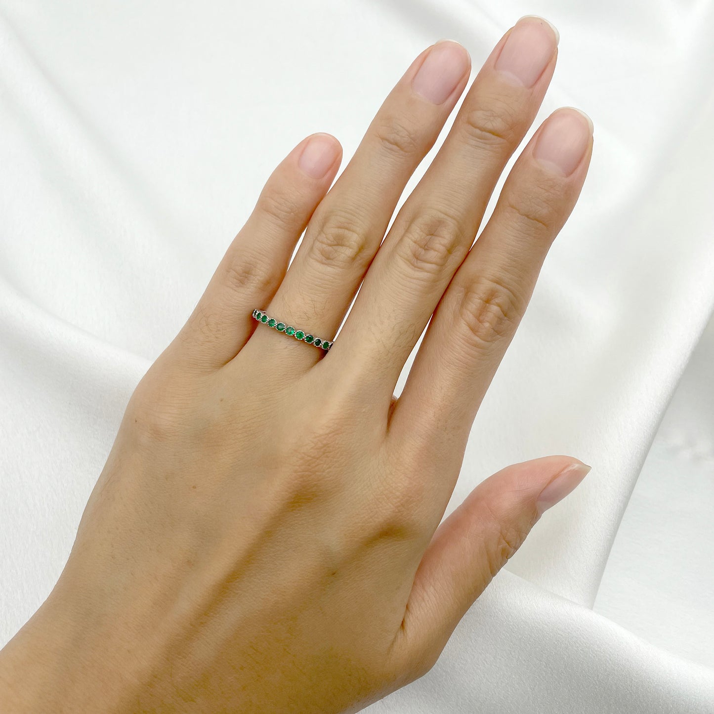 14K EMERALD BEZEL MILGRAIN HALF ETERNITY BAND