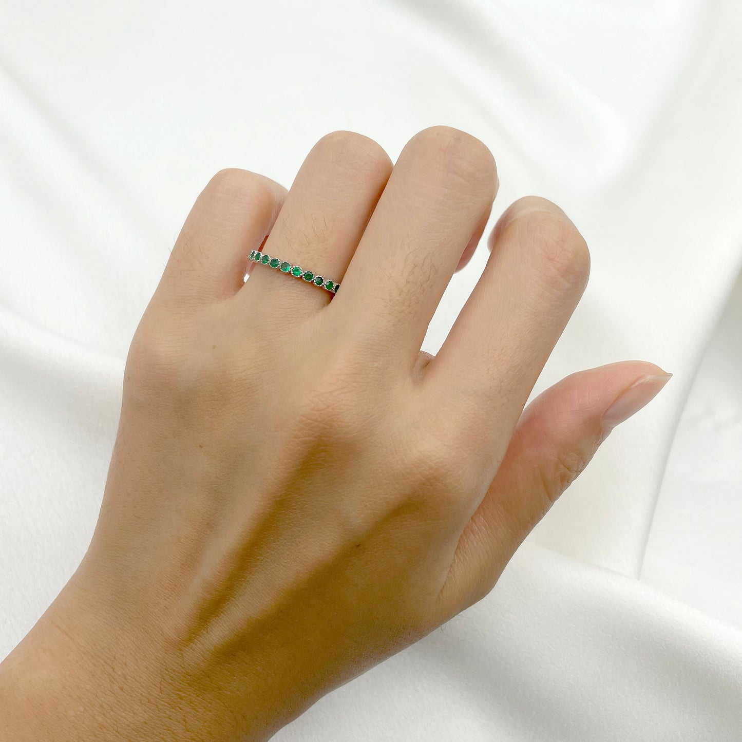 14K EMERALD BEZEL MILGRAIN HALF ETERNITY BAND