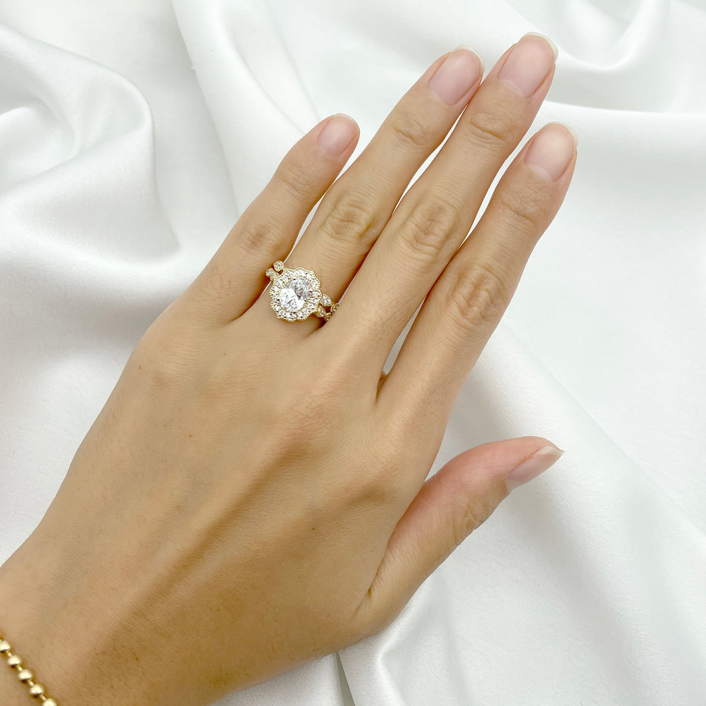14K SIMULATED DIAMOND FLORAL ENGAGEMENT RING