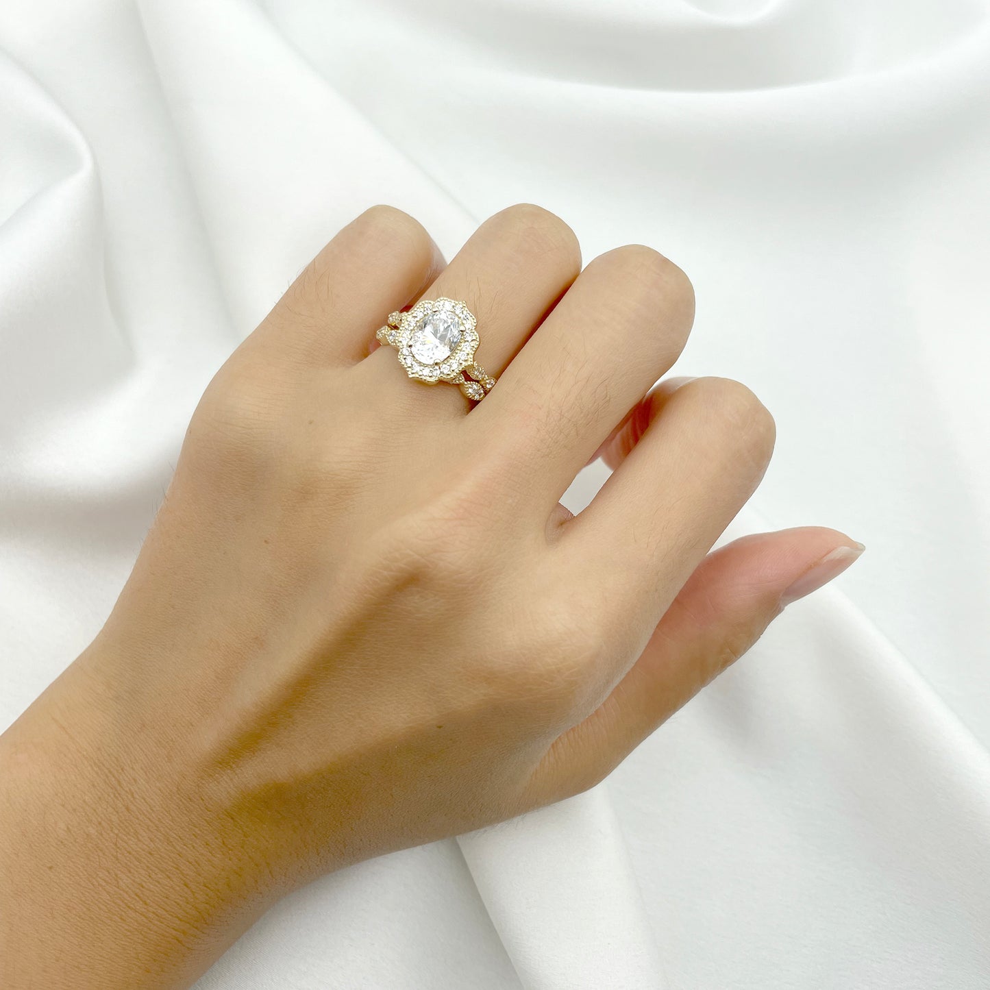 14K SIMULATED DIAMOND FLORAL ENGAGEMENT RING