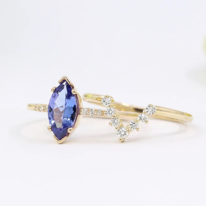 14K MARQUISE TANZANITE RING DIAMOND V BAND 2 RING SET