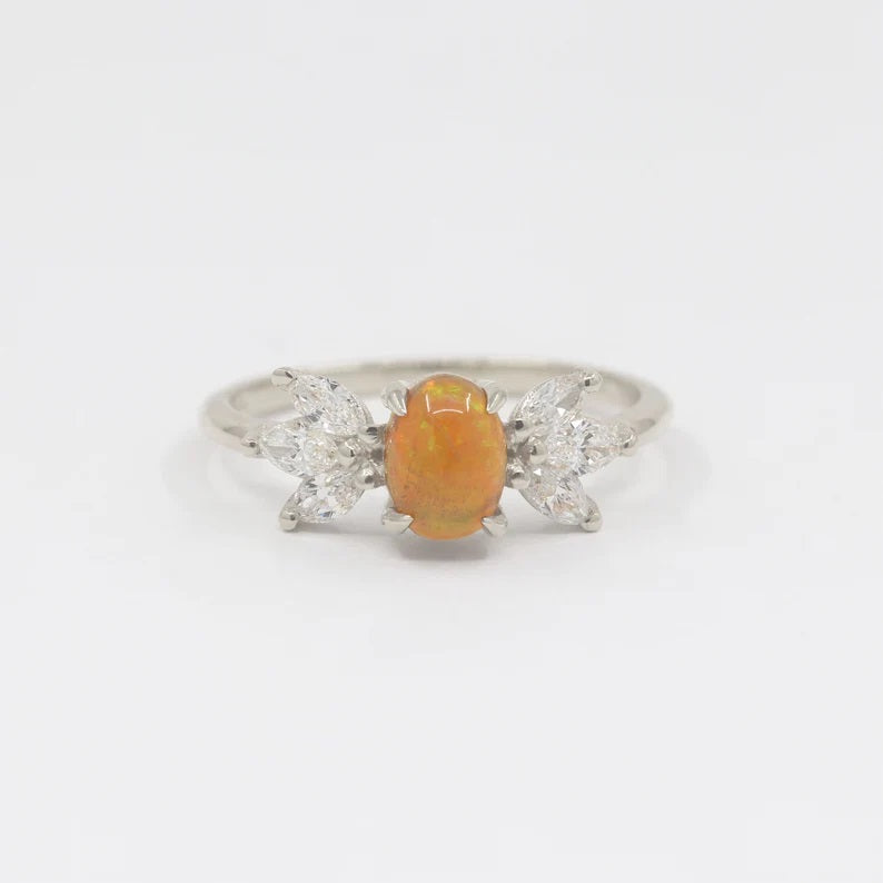 14K OVAL OPAL MARQUISE DIAMOND RING