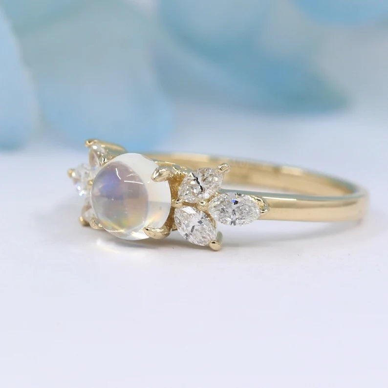 14K MOONSTONE MARQUISE DIAMOND RING