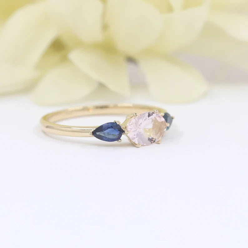 14K OVAL PINK MORGANITE PEAR SAPPHIRE RING