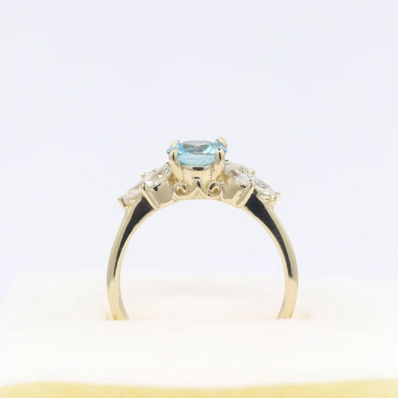 14K BLUE ZIRCON MARQUISE DIAMOND RING