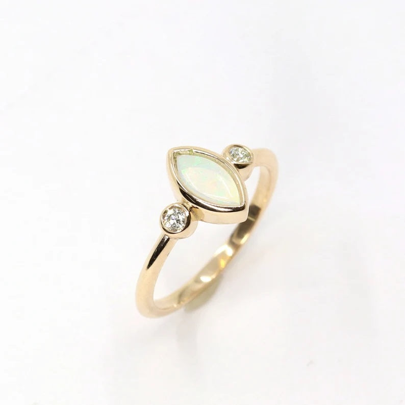 14K MARQUISE OPAL DIAMOND BEZEL RING