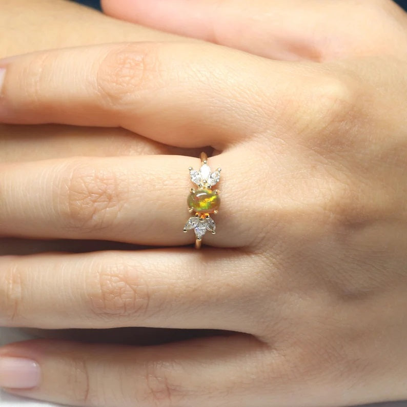 14K OVAL OPAL MARQUISE DIAMOND RING