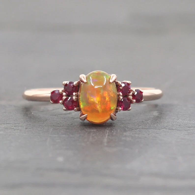 14K OVAL OPAL RUBY CLUSTER RING