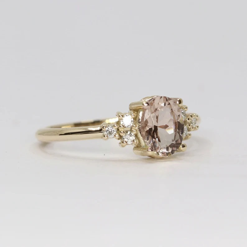 14K OVAL MORGANITE ENGAGEMENT RING. DIAMOND WEDDING RING