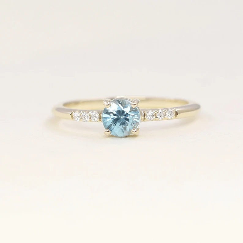 14K ROUND BLUE ZIRCON DIAMOND RING