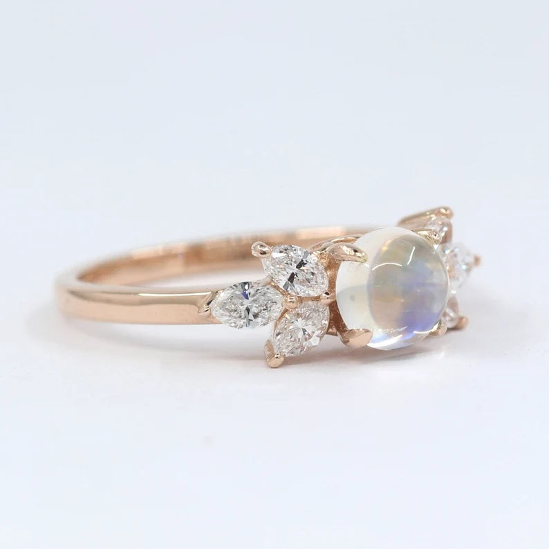 14K MOONSTONE MARQUISE DIAMOND RING