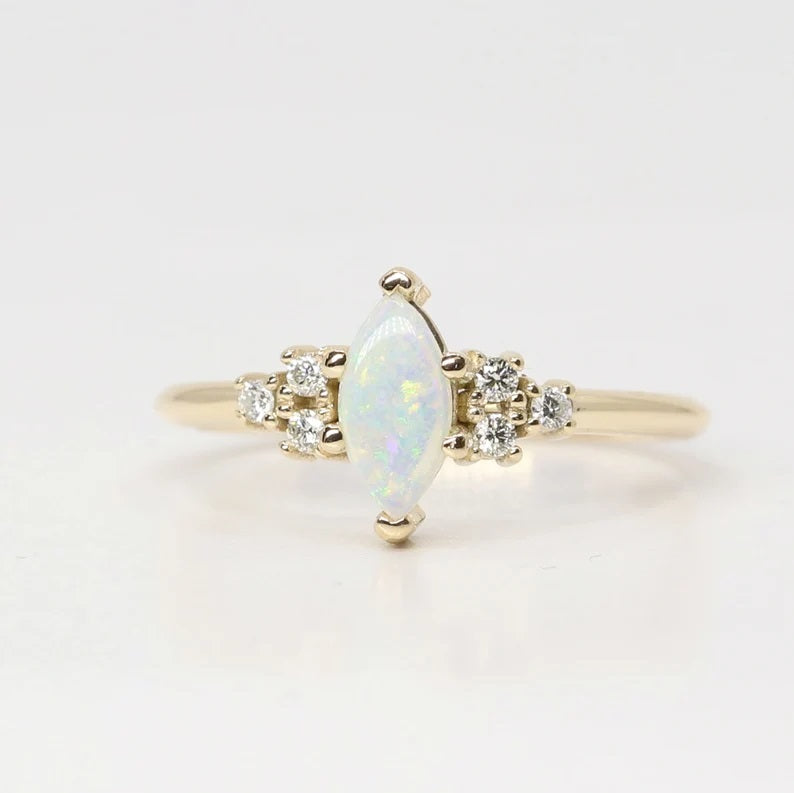14K MARQUISE OPAL DIAMOND CLUSTER RING