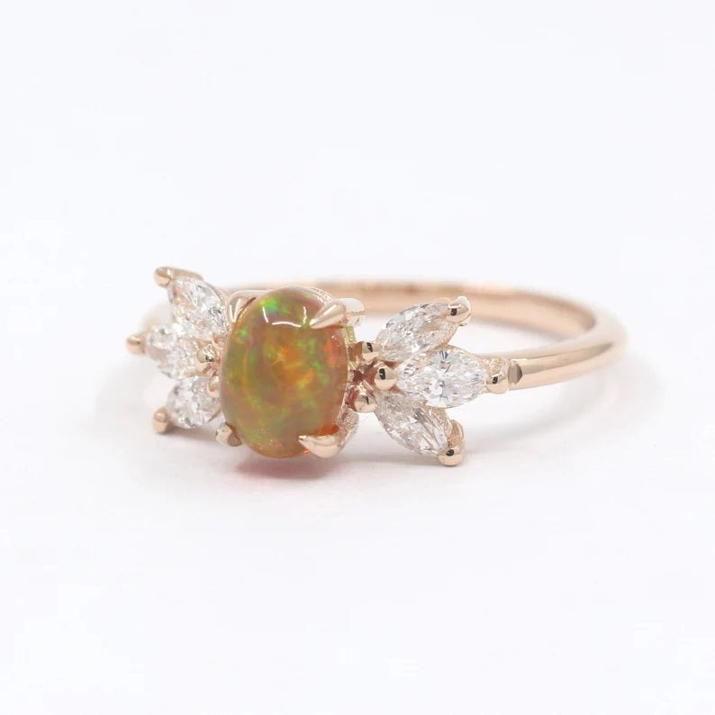 14K OVAL OPAL MARQUISE DIAMOND RING