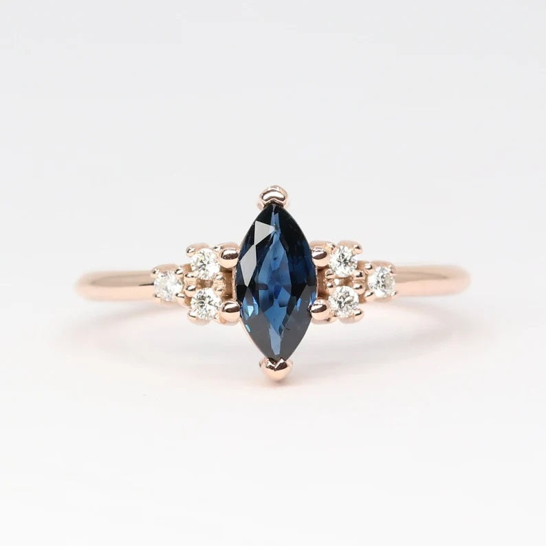 14K MARQUISE SAPPHIRE DIAMOND CLUSTER RING