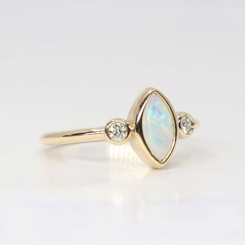 14K MARQUISE OPAL DIAMOND BEZEL RING