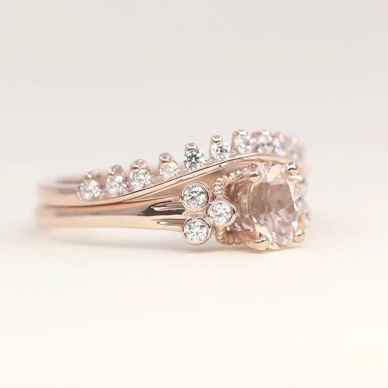 14K ROUND MORGANITE DIAMOND BEZEL CLUSTER RING CURVED BAND SET