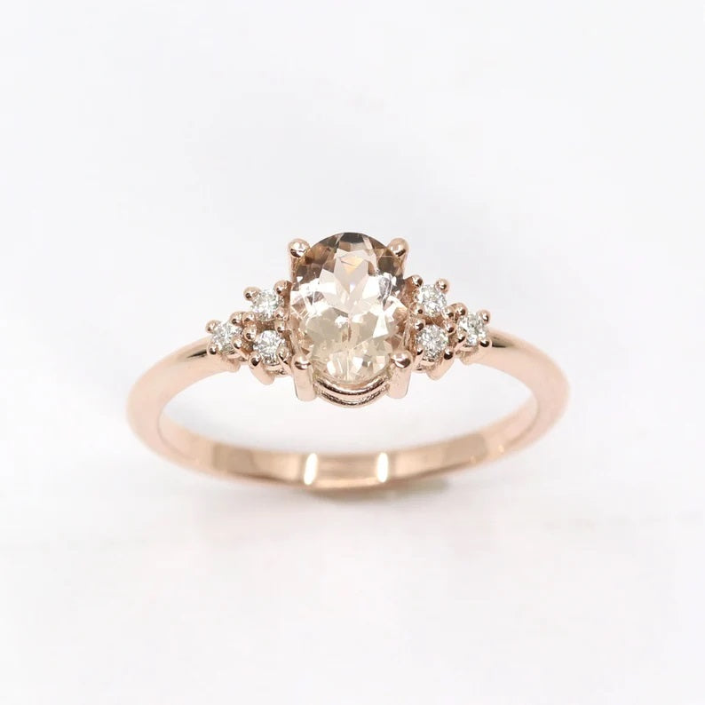 14K OVAL MORGANITE ENGAGEMENT RING. DIAMOND WEDDING RING