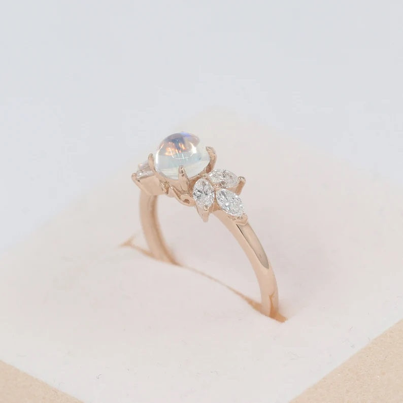 14K MOONSTONE MARQUISE DIAMOND RING