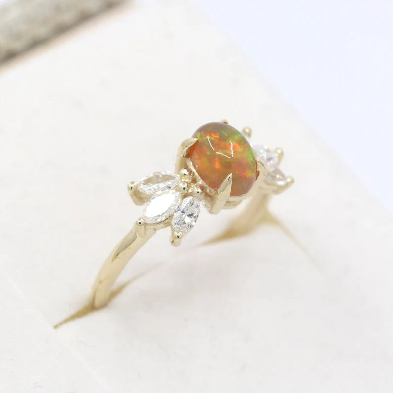 14K OVAL OPAL MARQUISE DIAMOND RING