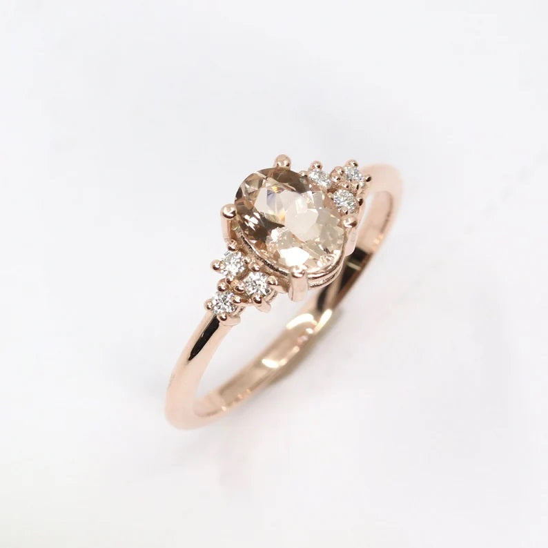 14K OVAL MORGANITE ENGAGEMENT RING. DIAMOND WEDDING RING