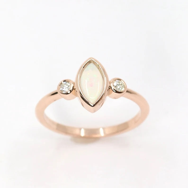 14K MARQUISE OPAL DIAMOND BEZEL RING