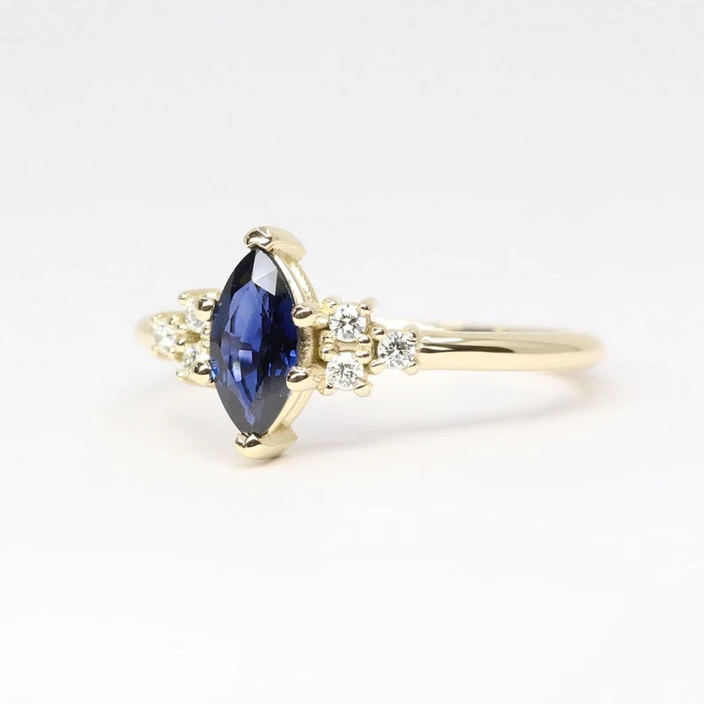 14K MARQUISE SAPPHIRE DIAMOND CLUSTER RING