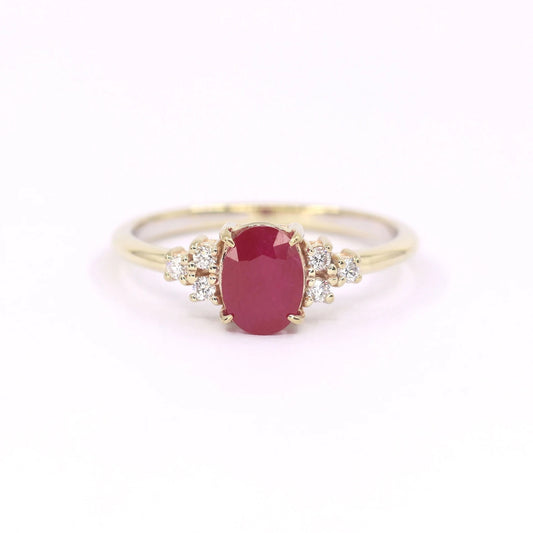 14K OVAL RUBY DIAMOND CLUSTER RING