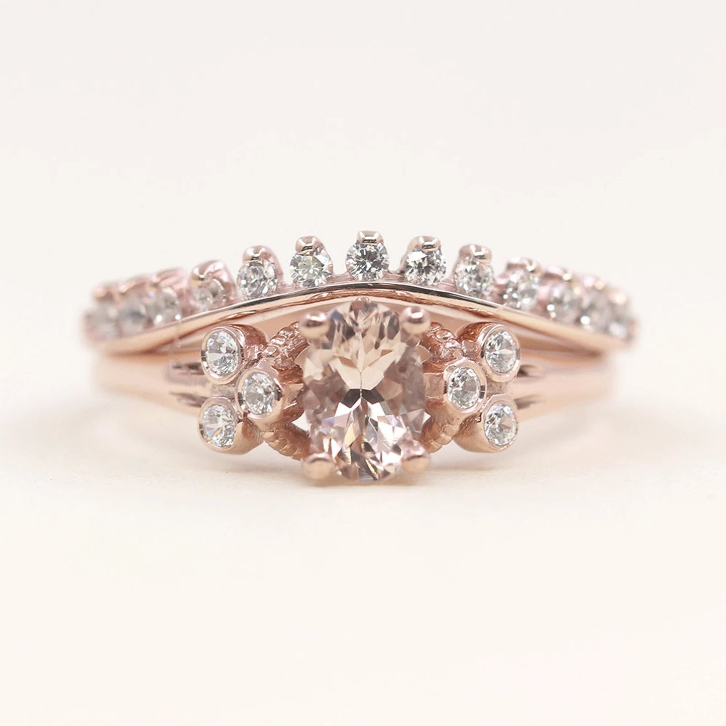 14K ROUND MORGANITE DIAMOND BEZEL CLUSTER RING CURVED BAND SET