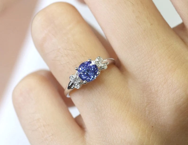 14K ROUND TANZANITE DIAMOND BEZEL CLUSTER RING