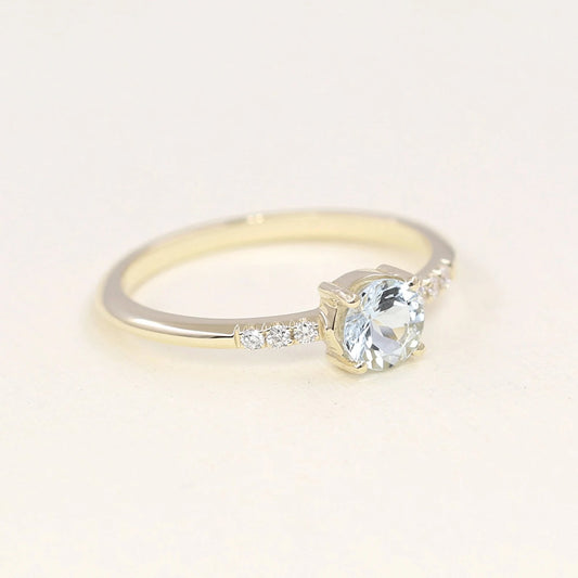 14K ROUND AQUAMARINE DIAMOND RING