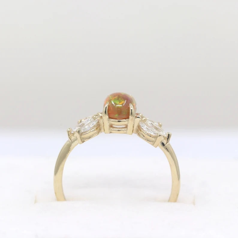 14K OVAL OPAL MARQUISE DIAMOND RING